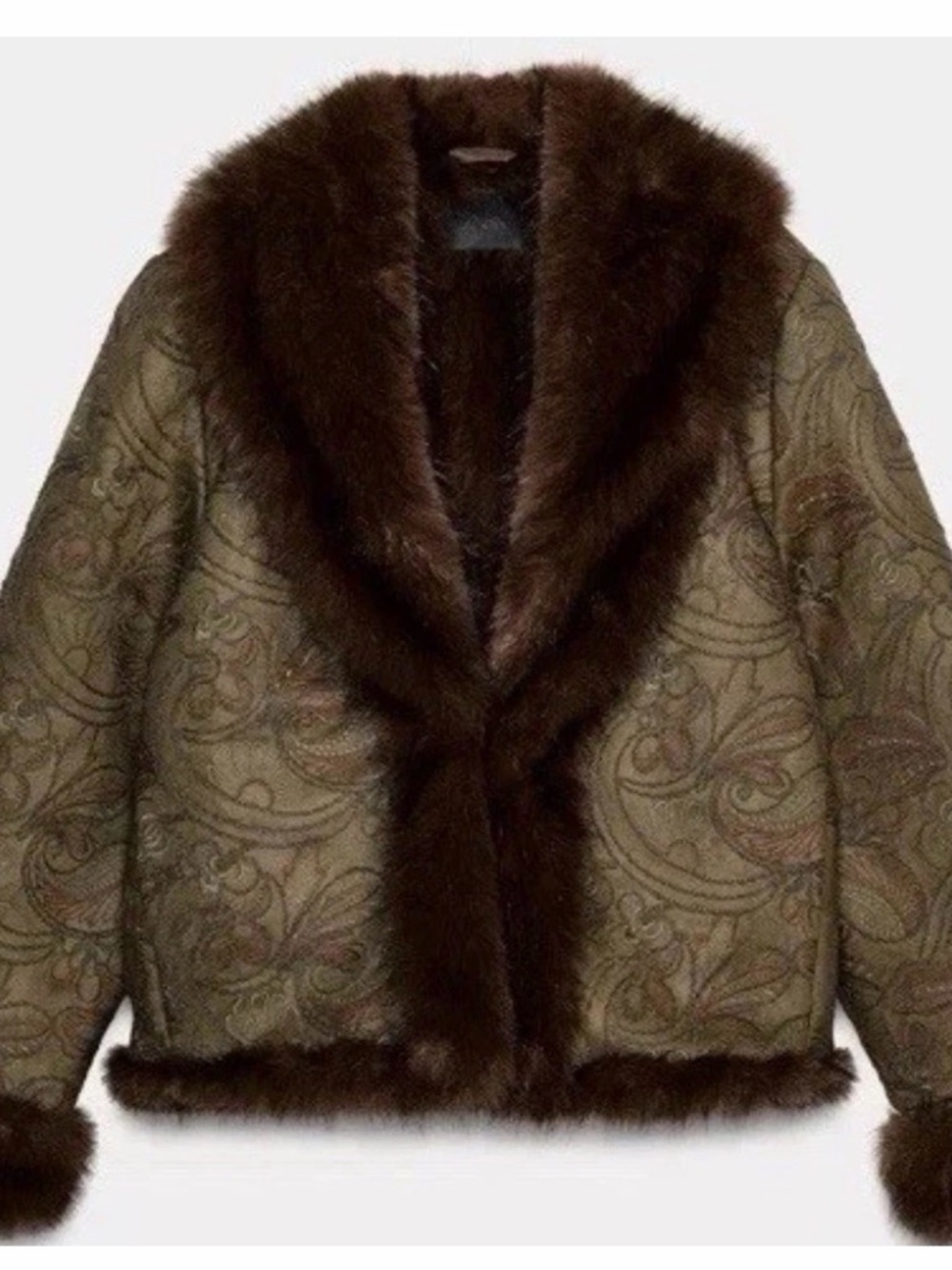 ZARA — Womens Brown Faux Fur-Trim Paisley Jacket